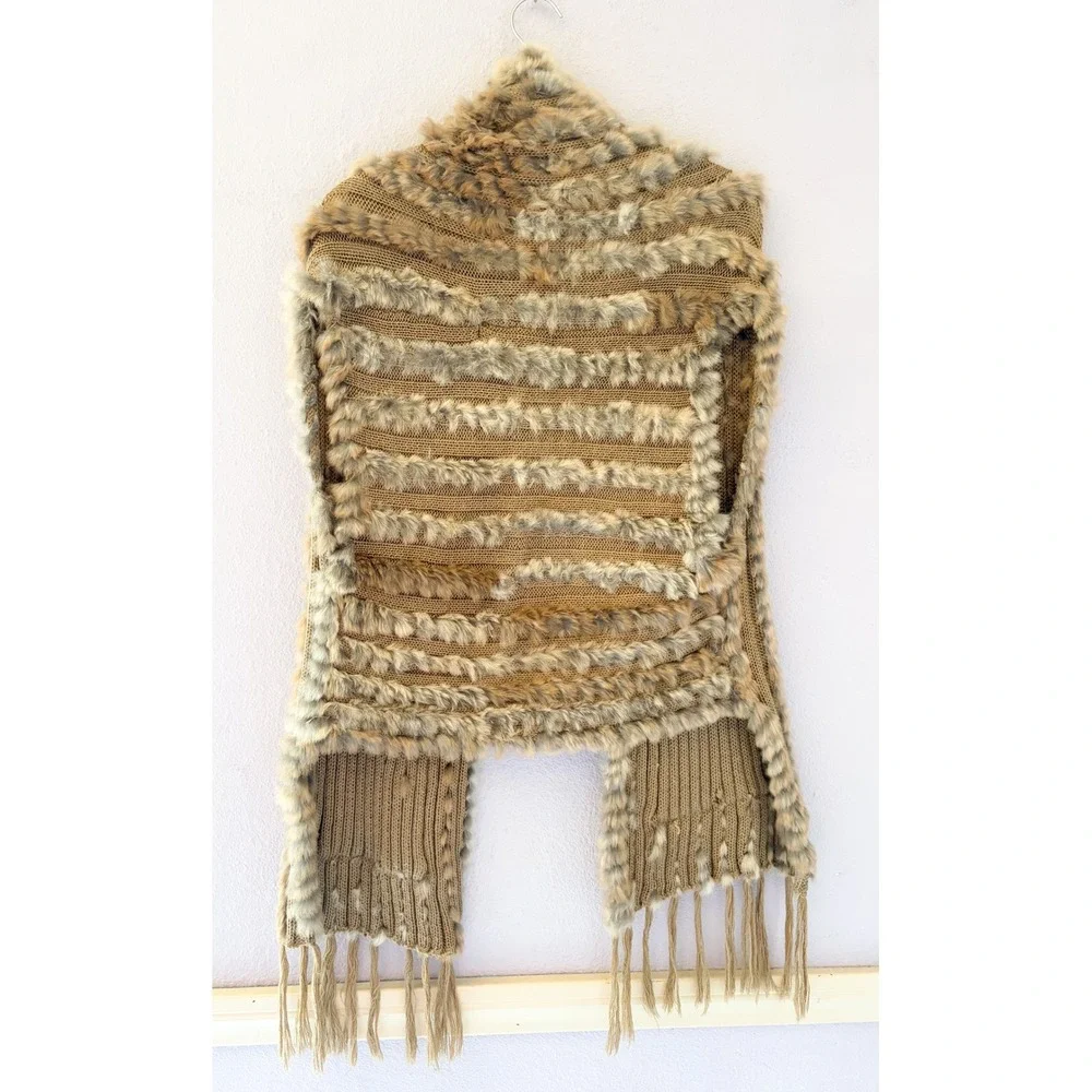 Belle Fare Real Fur Knit Vest Scarf Brown Tan Fringed Pocketed Wrap